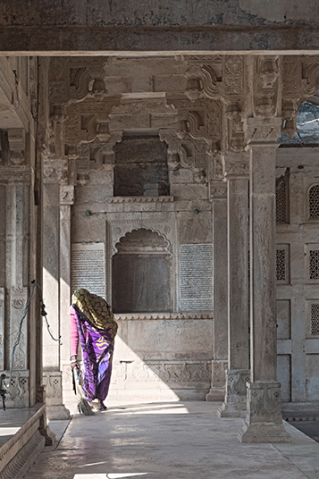 Indian woman sweeping the fort at Bundi